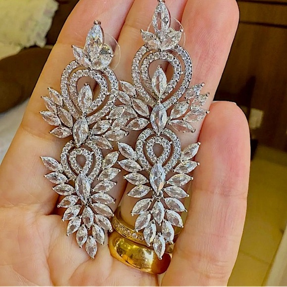 Silver Cubic Zirconia Wedding Earrings, Bridal, Dangle, Anniversary - Picture 11 of 13